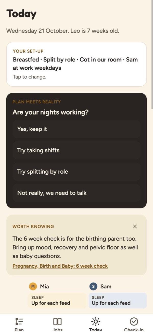 Card asking: are your nights working? Options: yes keep it, try taking shifts, try splitting by role, not really we need to talk.