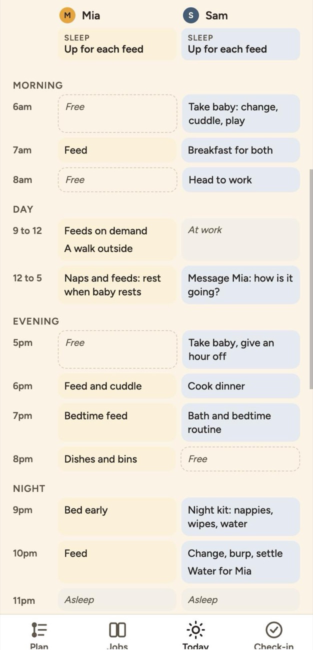 Today screen with an hour-by-hour schedule in two columns, one for Mia and one for Sam.